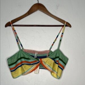 Anthropologie Multi Stripe Twist Front Linen Blend Crop Top Green Sz Medium NWT
